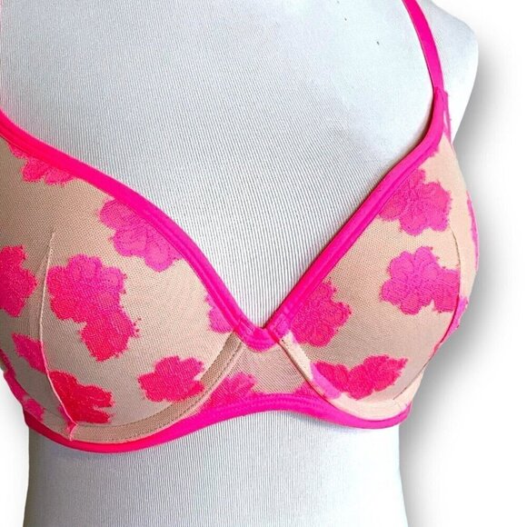 Victorias Secret 36C Bra Pink Tan Floral Lace Padded Push Up Underwire Racerback - Picture 3 of 7